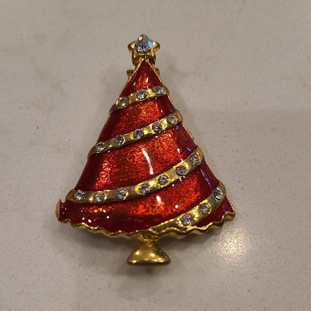 Festive Red and Gold Christmas Tree Brooch
